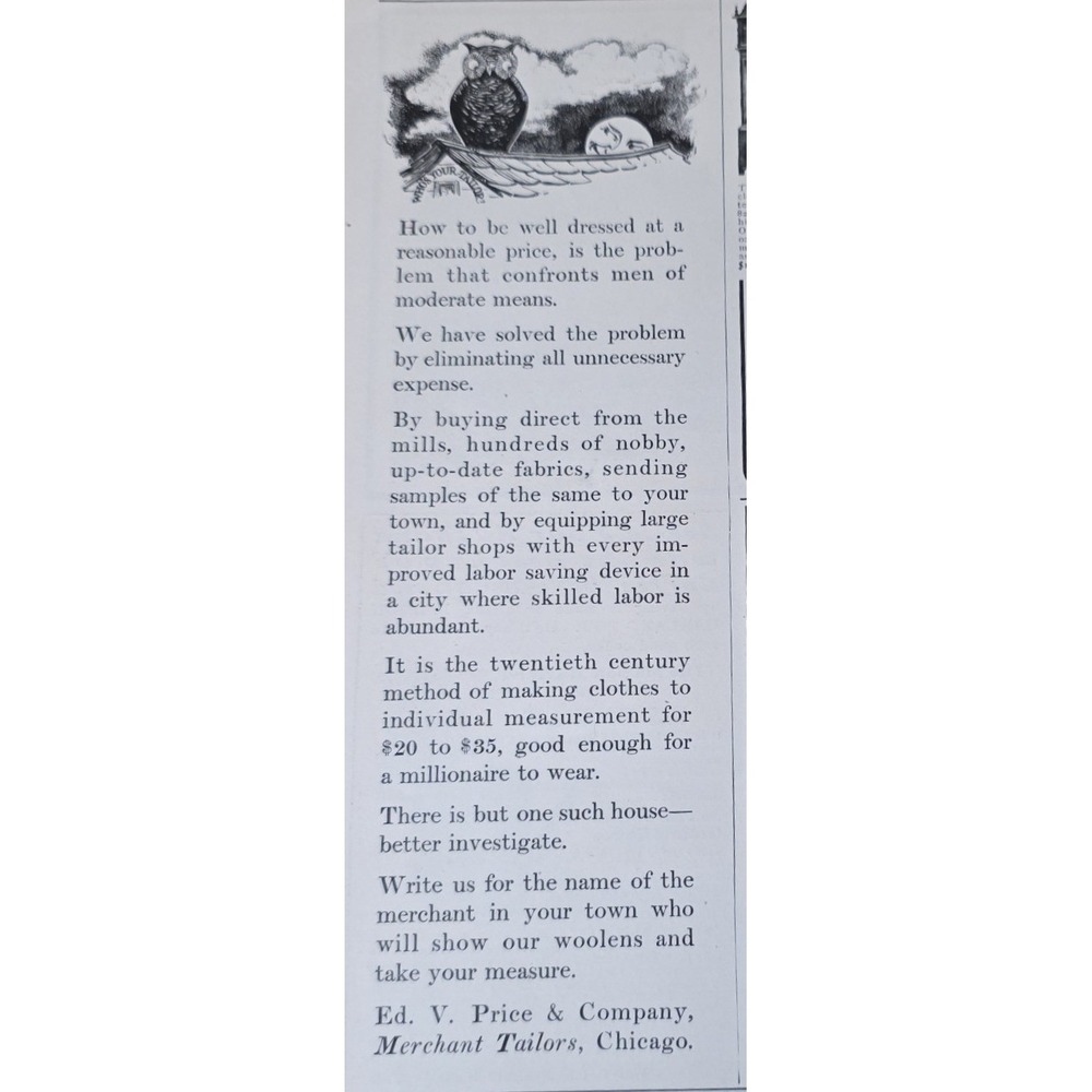Vintage 1903 Ed V Price & Co Merchant Tailors Chicago Print Ad Owl Illustration